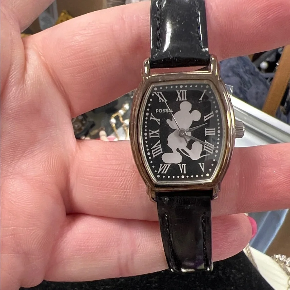 Fossil Black and Gold Mickey Mouse Watch with Mickey Mouse pin